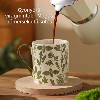 Zöld levél és virág mintás kerámia bögre, fogantyúval, nagy kapacitású, retro stílus