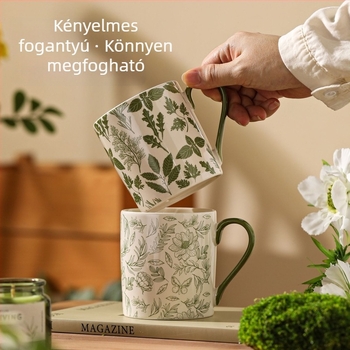 Zöld levél és virág mintás kerámia bögre, fogantyúval, nagy kapacitású, retro stílus