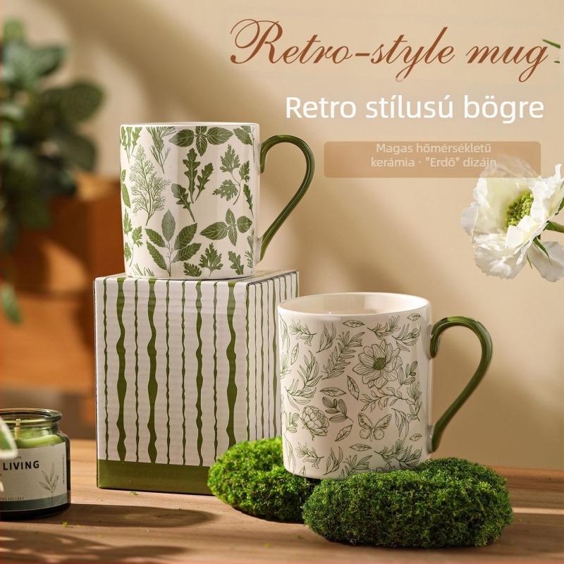 Zöld levél és virág mintás kerámia bögre, fogantyúval, nagy kapacitású, retro stílus