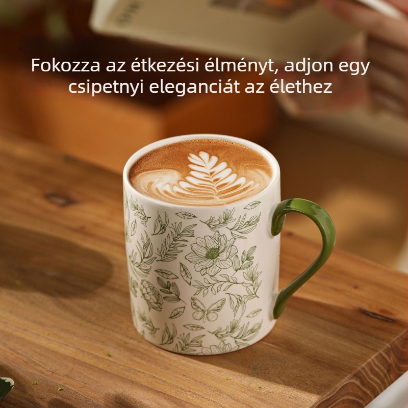 Zöld levél és virág mintás kerámia bögre, fogantyúval, nagy kapacitású, retro stílus