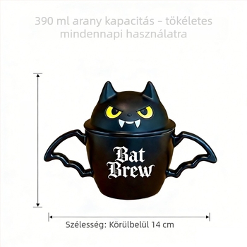 Halloween denevér és fekete macska bögre fedővel, dupla fogantyúval, sötét kerámia – kreatív ajándék