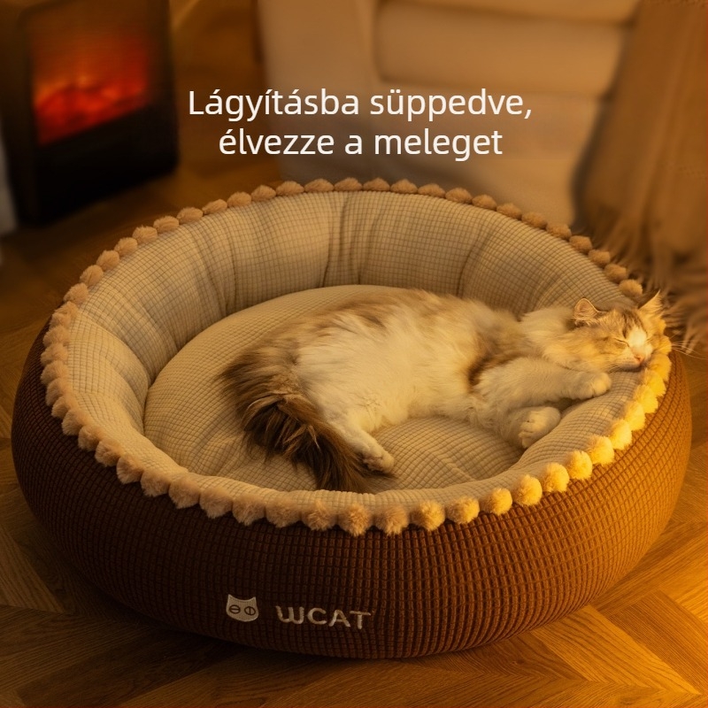 Macska és kis–közepes testű kutyák számára nyitott kör alakú fészek, vastag meleg téli párna