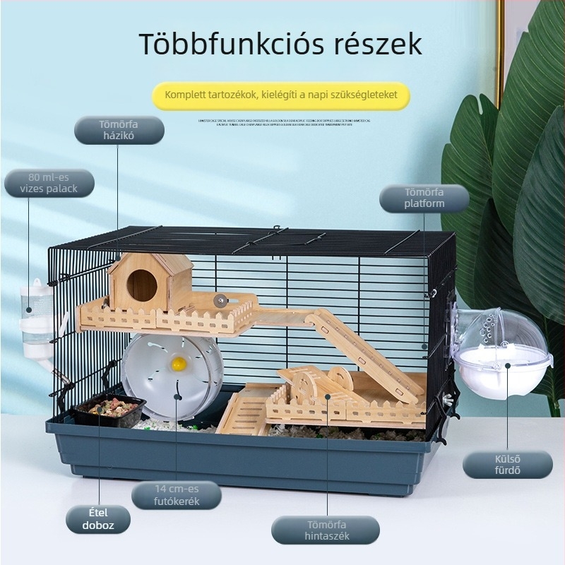 Fém Hörcsögketrec, modell 47, kétszintes, villa-stílusú nagy méretű ketrec, egész éves használatra