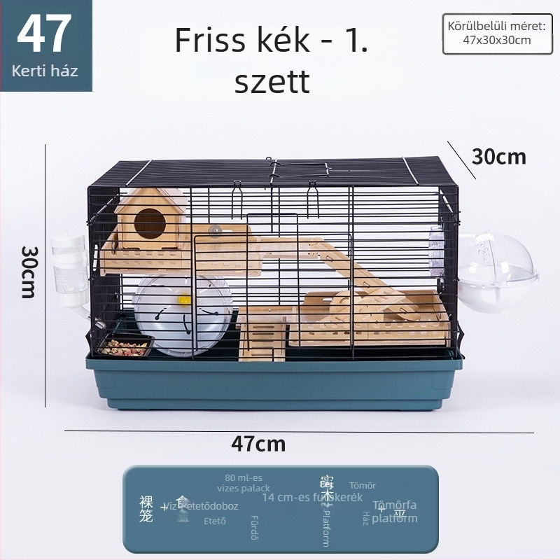 Fém Hörcsögketrec, modell 47, kétszintes, villa-stílusú nagy méretű ketrec, egész éves használatra