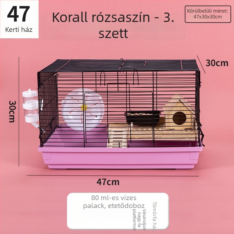Fém Hörcsögketrec, modell 47, kétszintes, villa-stílusú nagy méretű ketrec, egész éves használatra