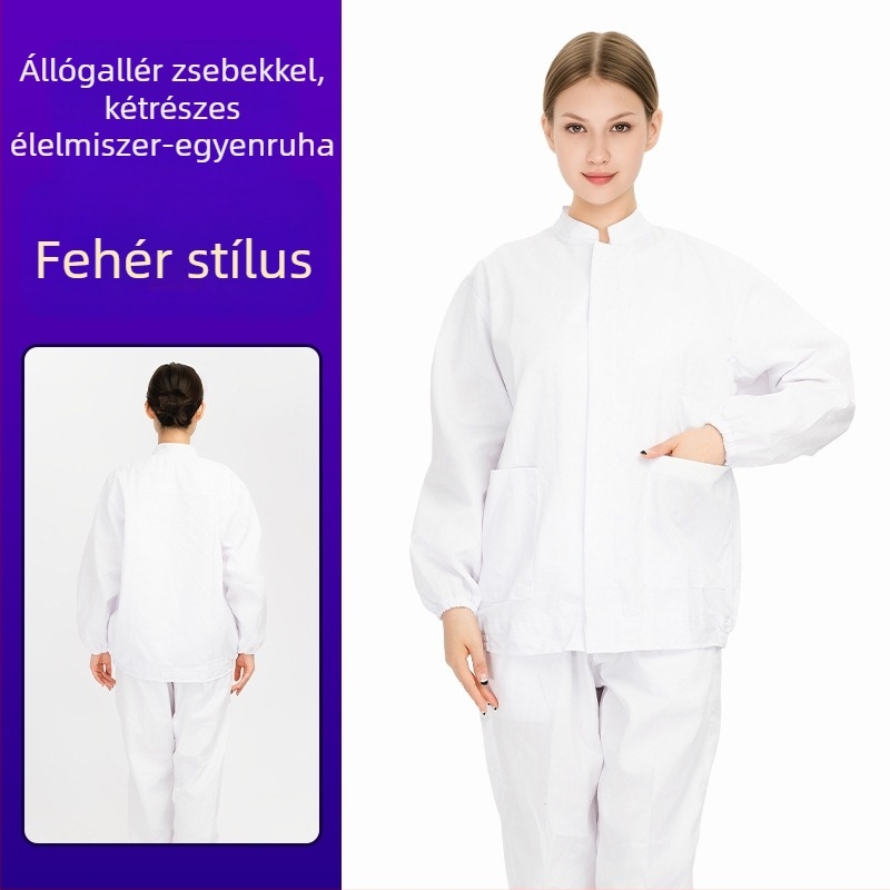 Két részes munkaruha az élelmiszeripari feldolgozóüzemhez zsebekkel, uniszex tisztaruházat