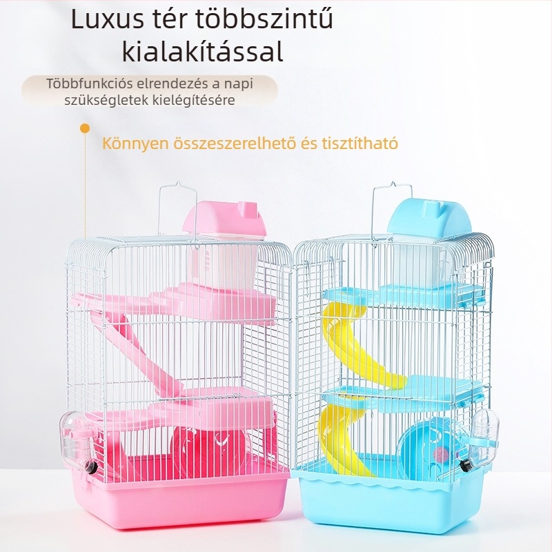 Fém hörcsögketrec kettős használattal, nagy, kétszintes luxus villa arany hörcsögök számára
