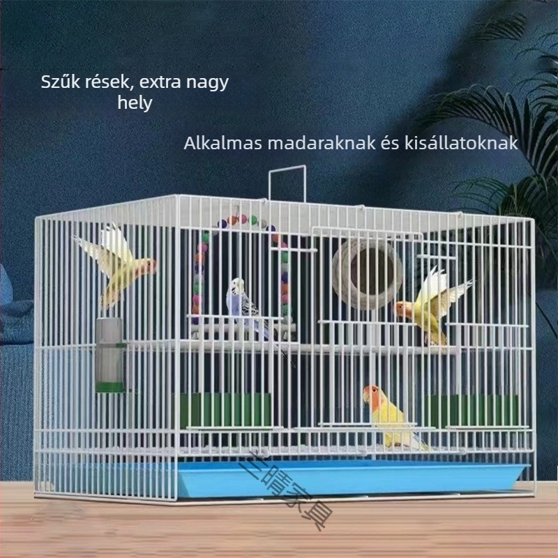 Nagy fémből készült madárkalitka – teljes készlet papagájoknak, tenyésztési és díszítő célú.