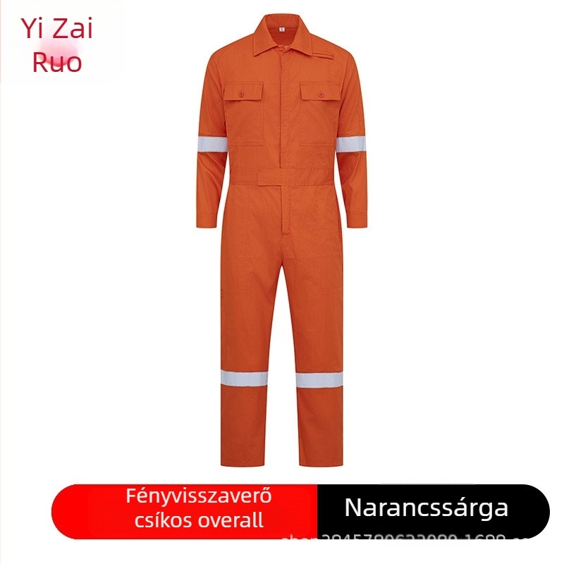 Férfi nyári overál 100% pamut, fényvisszaverő csíkkal, nedvszívó, légáteresztő, antiszatikus, tűzálló, szennyeződés‑álló, plusz méret
