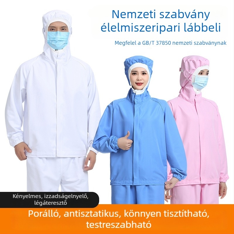 Antisztatikus kapucnis munkaruha élelmiszeripar számára, nedvességelvezető, könnyen mosható, hosszú ujjú kosztüm logóval
