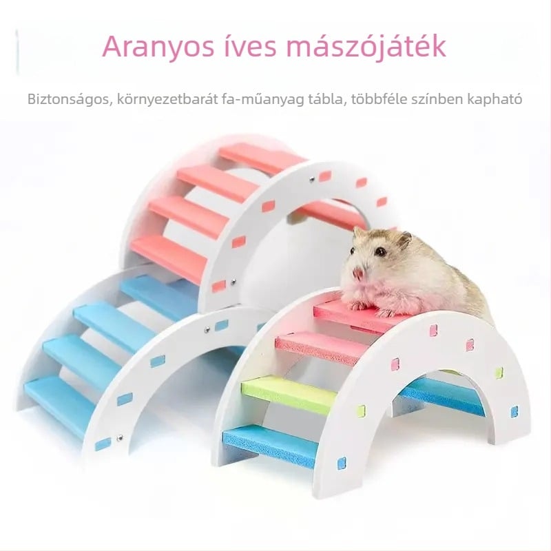 Aranyhörcsög szivárványhíd, mászó létrával és íves híd – fa ökológiai tábla a ketrechez
