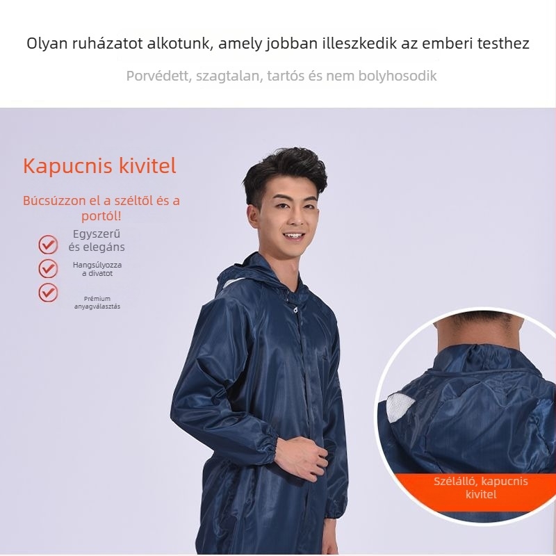 Antisztatikus egyrészes munkaruha ipari porvédelemmel, férfiaknak, elektronikai, élelmiszer- és gyógyszeripari tiszta helyiségekhez