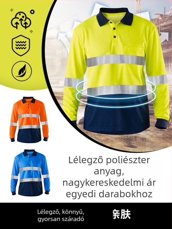 Reflektív, gyorsan száradó POLO hosszú ujjú férfi munkaruha – közszolgálati tisztítás és útkarbantartás