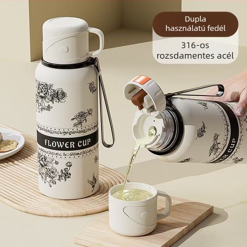 Gardenia virág termosz tea, 316 rozsdamentes acél belső, 201 külső, vákuum szigetelés 6–12 óra, hordozható, nagy kapacitású, teafilterrel