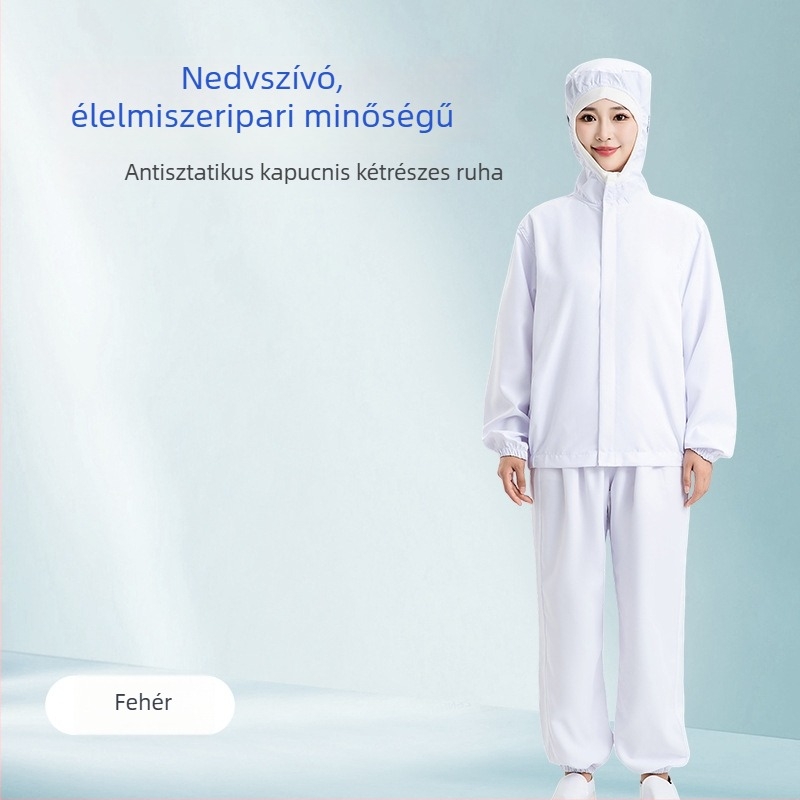 Élelmiszeripari anti-sztatikus munkaruházat, két részes kapucnis szett, tartós védőruha