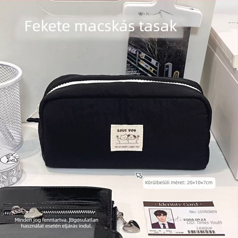 Egyszínű kék tolltartó macska- és kutyás motívummal, nagy kapacitású iskolai szervező rekeszekkel