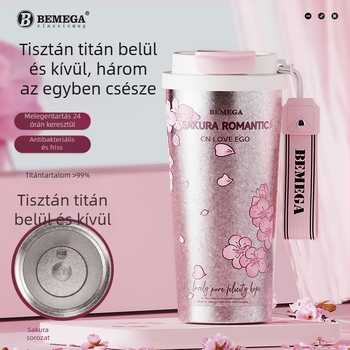 Bemega tiszta titán izolált pohár nőknek, cseresznyefavirág mintával, 2026-os modell, szívószállal, kávéhoz és vízhez