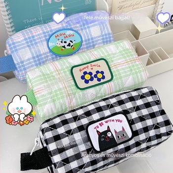 Textil tolltartó kockás mintával, iskolai, művészi stílusú, lányoknak, utazáshoz