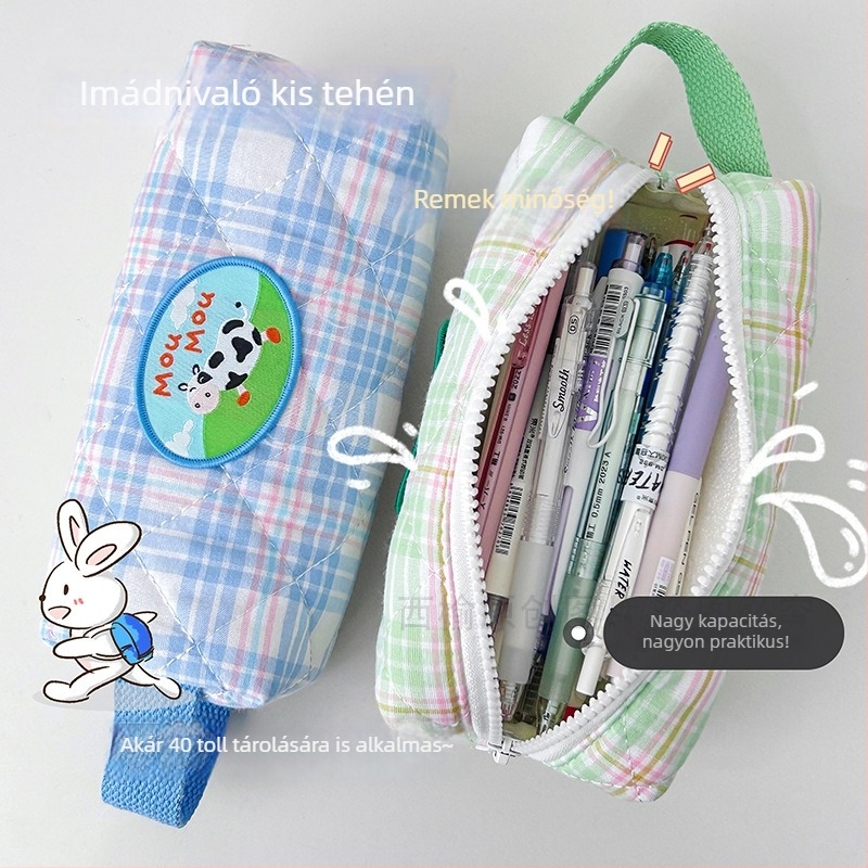 Textil tolltartó kockás mintával, iskolai, művészi stílusú, lányoknak, utazáshoz