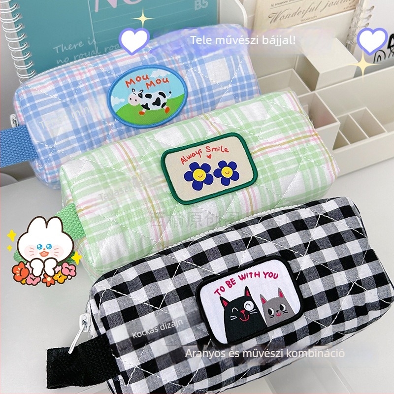 Textil tolltartó kockás mintával, iskolai, művészi stílusú, lányoknak, utazáshoz