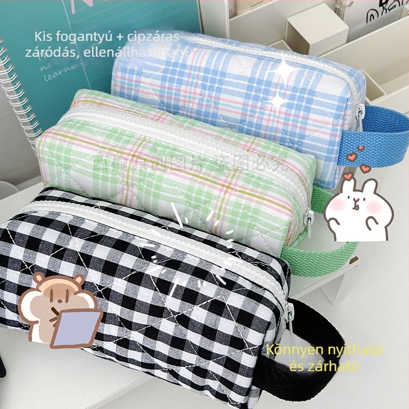 Textil tolltartó kockás mintával, iskolai, művészi stílusú, lányoknak, utazáshoz