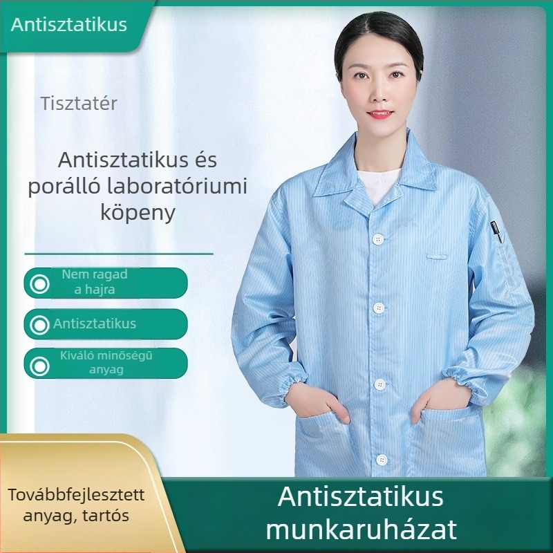 Kék antistatikus laboratóriumi köpeny, uniszex, plusz méret, védőruha elektronikai, laboratóriumi és élelmiszeripari felhasználásra