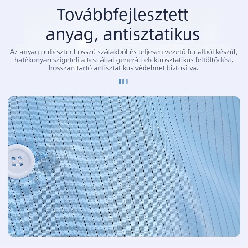 Kék antistatikus laboratóriumi köpeny, uniszex, plusz méret, védőruha elektronikai, laboratóriumi és élelmiszeripari felhasználásra
