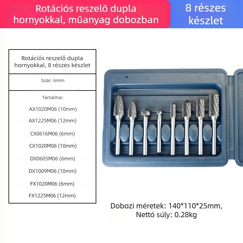 Karbid forgó reszelő készlet wolfrám acél csiszolófejekkel polírozáshoz, élesítéshez és fúráshoz – 6 mm csatlakozó