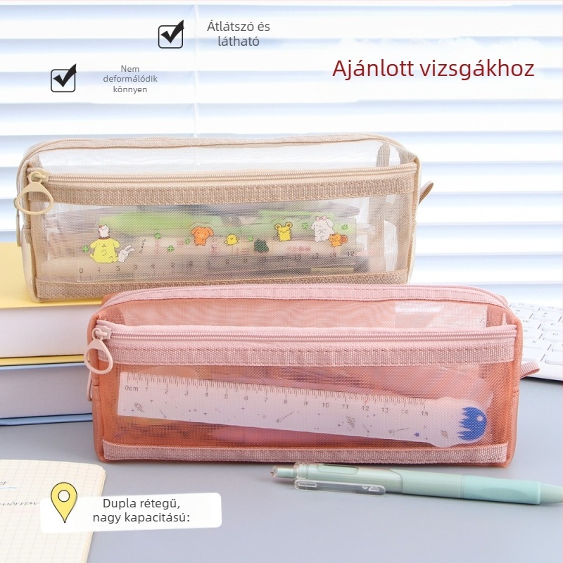 Átlátszó hálós tolltartó, egyszerű, két rétegű, nagy kapacitású, cipzáros tároló