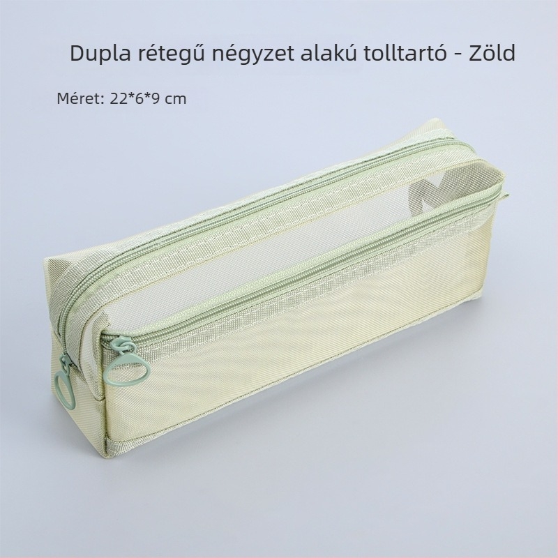 Átlátszó hálós tolltartó, egyszerű, két rétegű, nagy kapacitású, cipzáros tároló