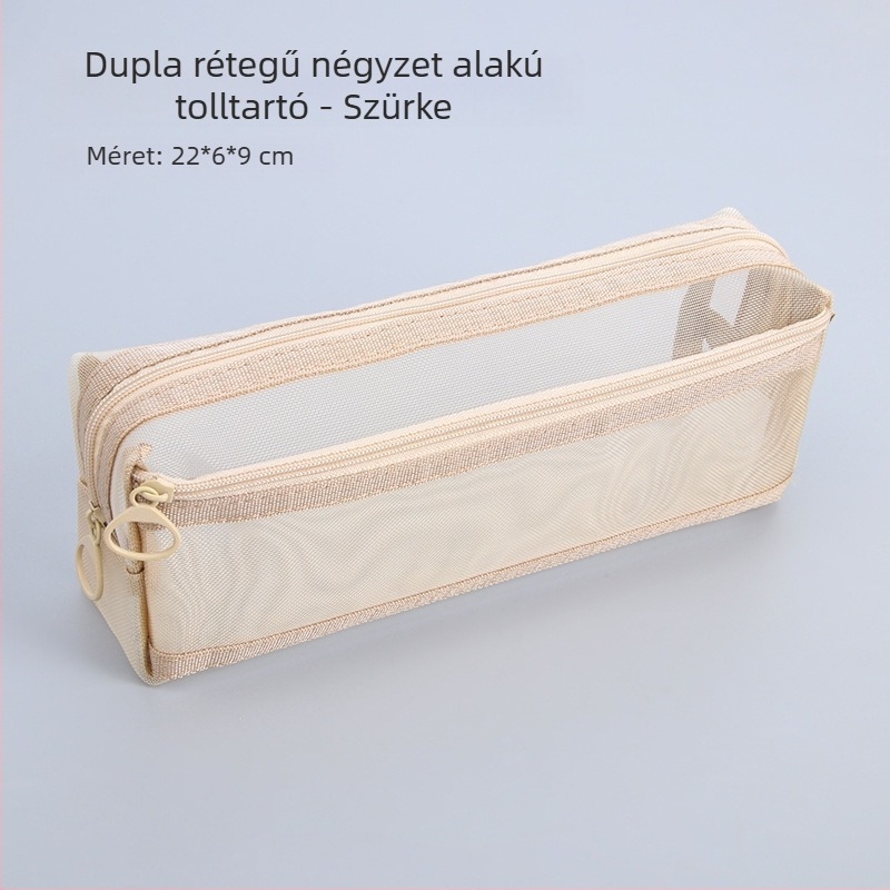 Átlátszó hálós tolltartó, egyszerű, két rétegű, nagy kapacitású, cipzáros tároló