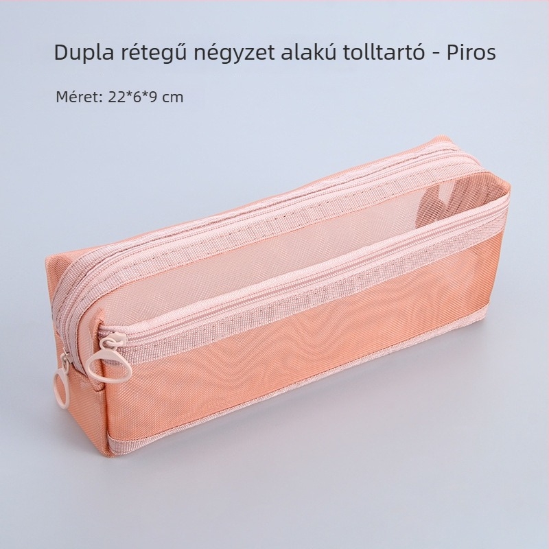 Átlátszó hálós tolltartó, egyszerű, két rétegű, nagy kapacitású, cipzáros tároló