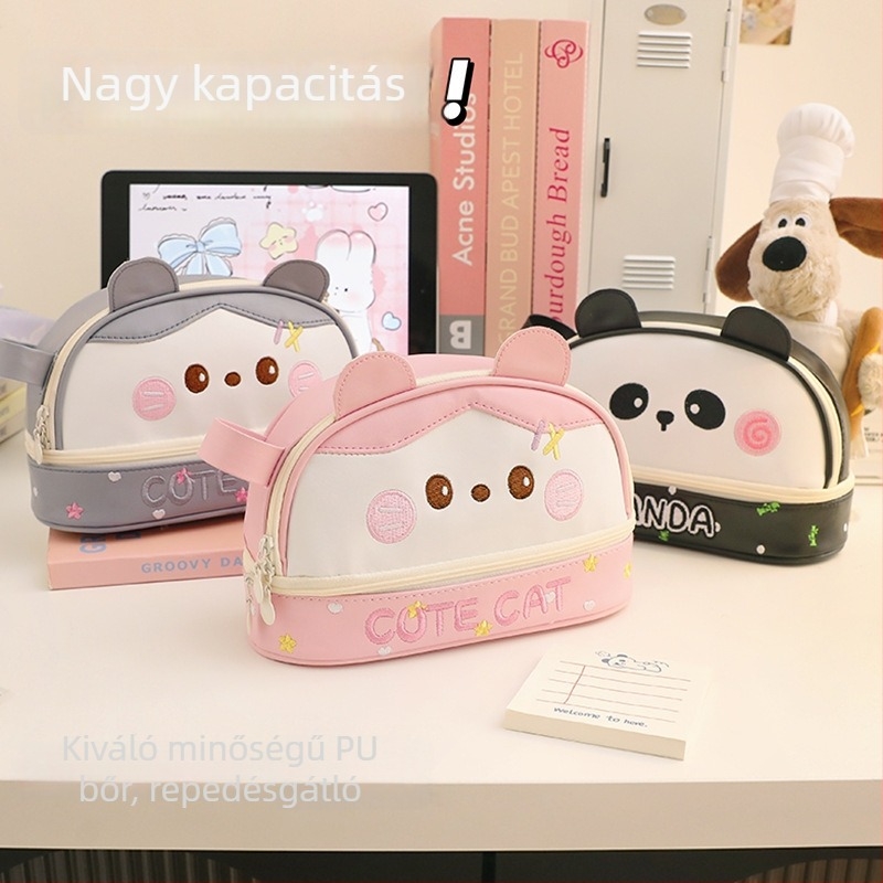 PU bőr Panda tolltartó, nagy kapacitású, vízálló kozmetikumok és írószerek tárolására