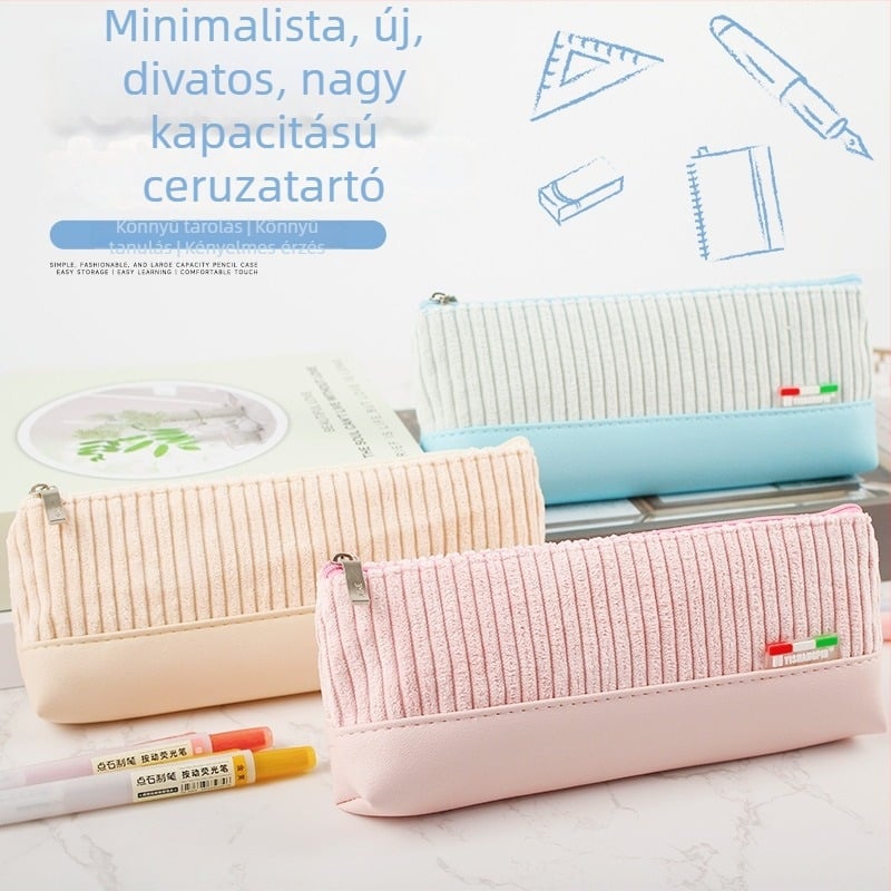 Minimalista háromszínű ceruzatartó csíkos mintával, nagy kapacitású iskolai kellékek tárolója