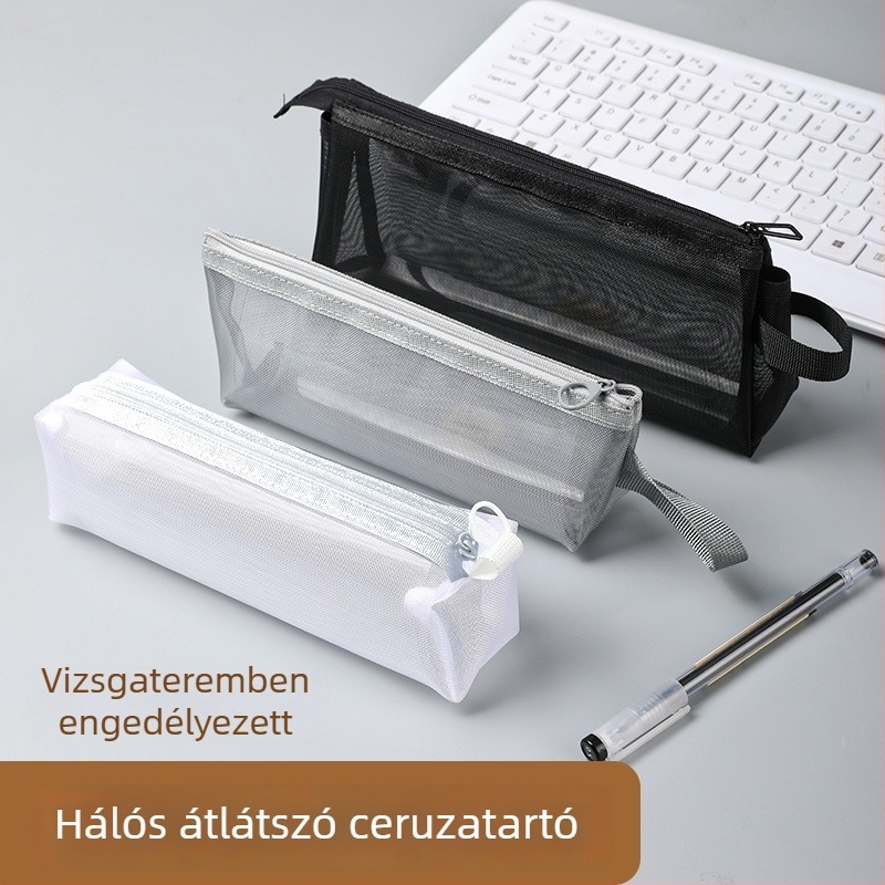 Nagy kapacitású hálós tolltartó, átlátszó iskolai írószerek tárolója, hordozható