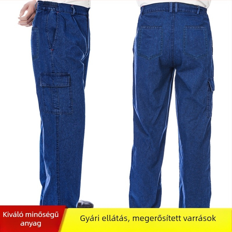 Férfiaknak denim munkanadrág több zsebbel, ellenálló, laza szabás, 97% pamut
