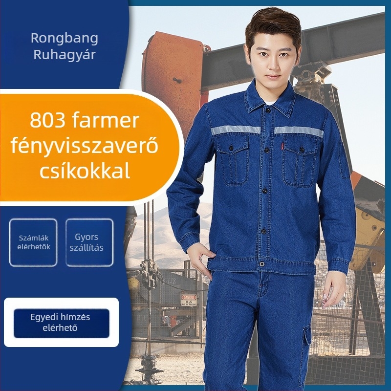 Nyári denim munkaruha szett hosszú ujjú, könnyű védőruha a műhelyhez villanyszerelőknek és hegesztőknek