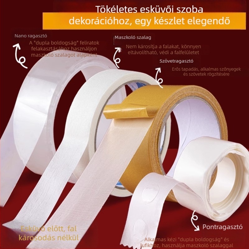 Esküvői nano kétoldalas ragasztószalag dekorációhoz, textilalapú ragasztó, erős tapadás, nyom nélkül