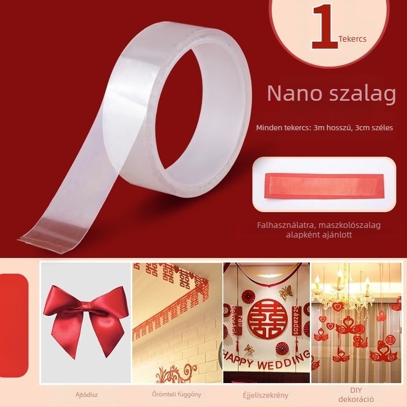 Esküvői nano kétoldalas ragasztószalag dekorációhoz, textilalapú ragasztó, erős tapadás, nyom nélkül