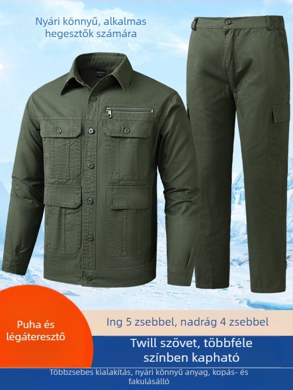 Férfiak számára nyári könnyű twill pamut munkaruha öltöny, sok zsebbel, hegesztésre alkalmas