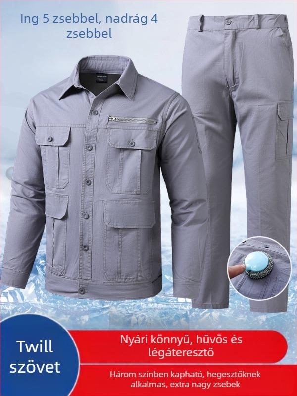 Férfiak számára nyári könnyű twill pamut munkaruha öltöny, sok zsebbel, hegesztésre alkalmas