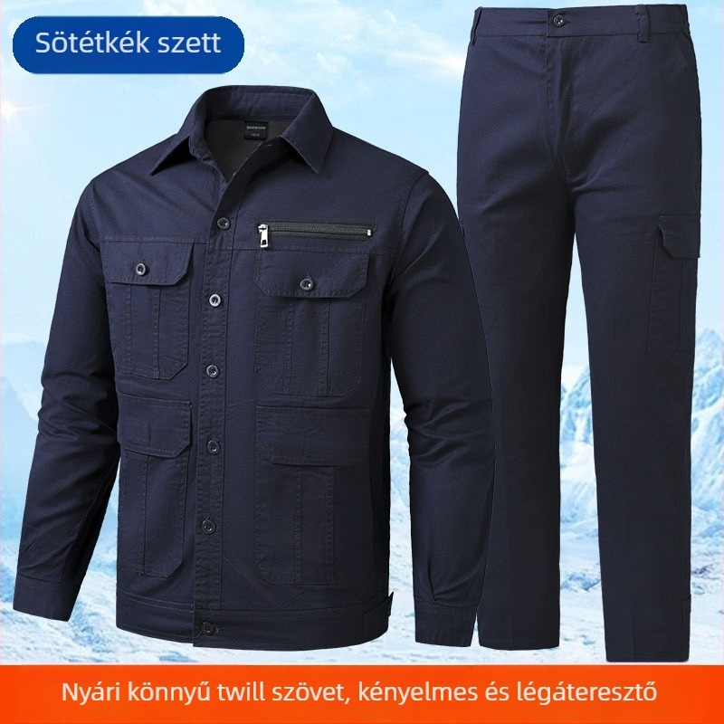 Férfiak számára nyári könnyű twill pamut munkaruha öltöny, sok zsebbel, hegesztésre alkalmas