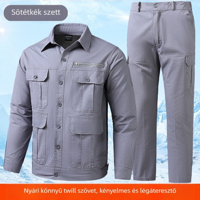 Férfiak számára nyári könnyű twill pamut munkaruha öltöny, sok zsebbel, hegesztésre alkalmas