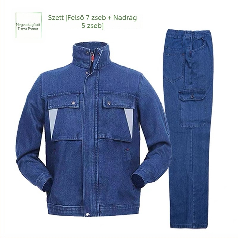Férfi denim hegesztő overál, kopás- és szennyeződésálló, vastag 100% pamut, munkaruha-készlet tavasz-nyár-ősz