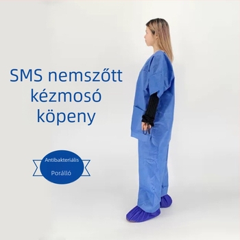 Egyszer használatos izolációs köpeny betegek számára, nem szövött anyag, vízálló és porálló, rövid ujjú, két részes készlet