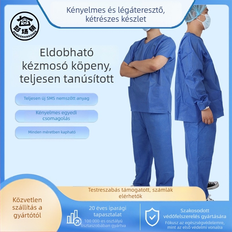 Egyszer használatos izolációs köpeny betegek számára, nem szövött anyag, vízálló és porálló, rövid ujjú, két részes készlet