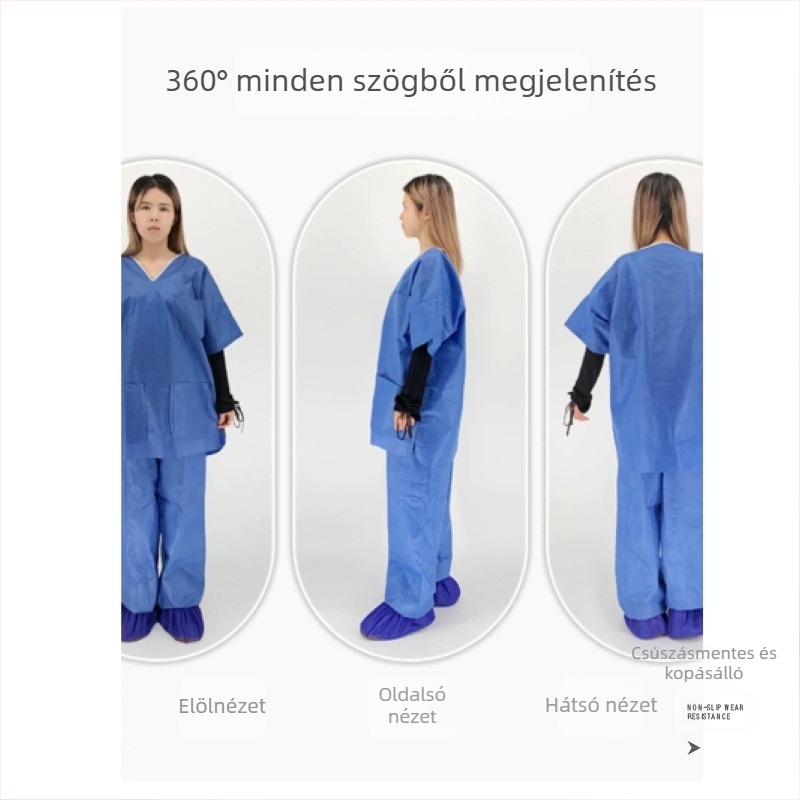 Egyszer használatos izolációs köpeny betegek számára, nem szövött anyag, vízálló és porálló, rövid ujjú, két részes készlet