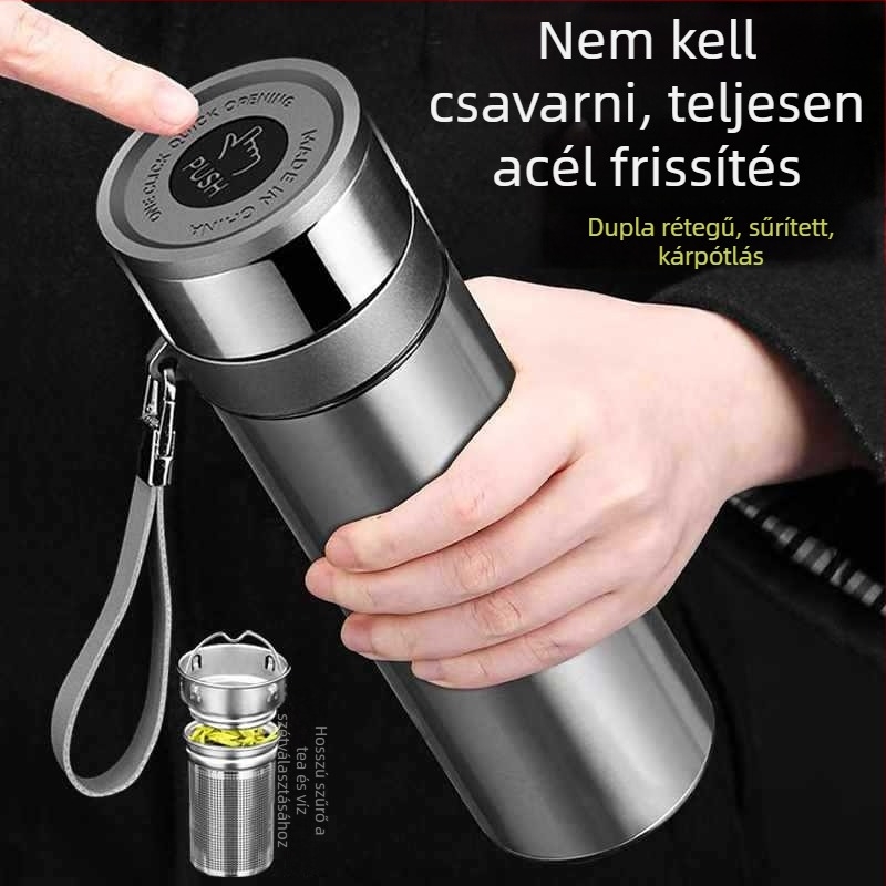 316 rozsdamentes acél termosz pohár egygombos fedéllel, autóhoz illő, gyors nyitás, tea és víz szétválasztása