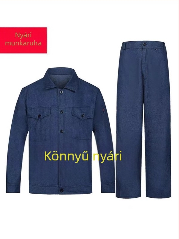 Férfiak számára hosszú ujjú denim munkaruha szett – felső és nadrág pamut-poliészterből, lélegző, tartós, hőálló a hegesztési munkákhoz