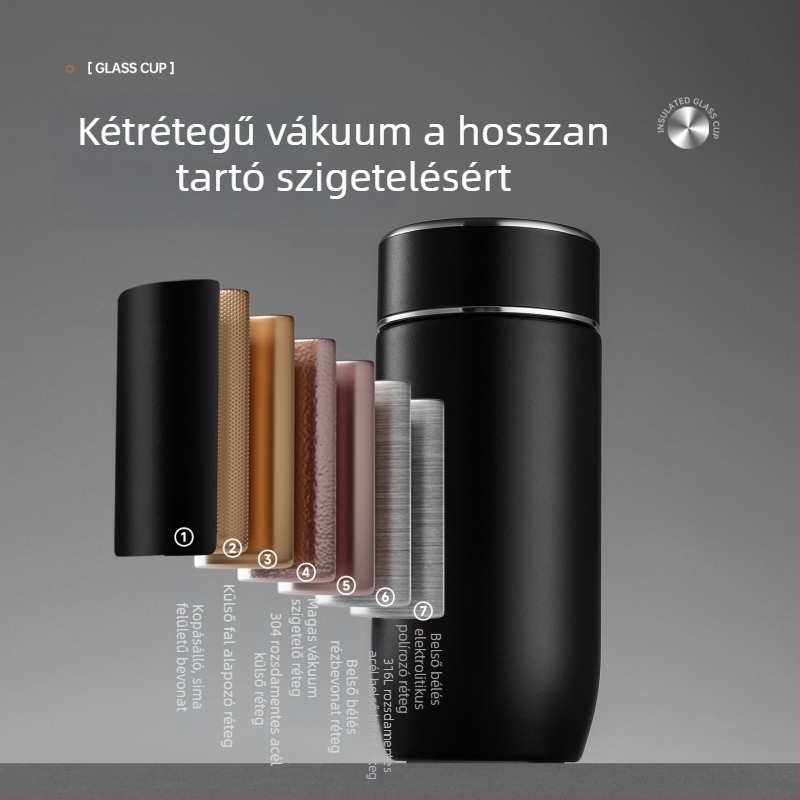 Mini termosz pohár 304 rozsdamentes acélból, belső 316-os, teázó rekesz, hordozható utazáshoz, női dizájn